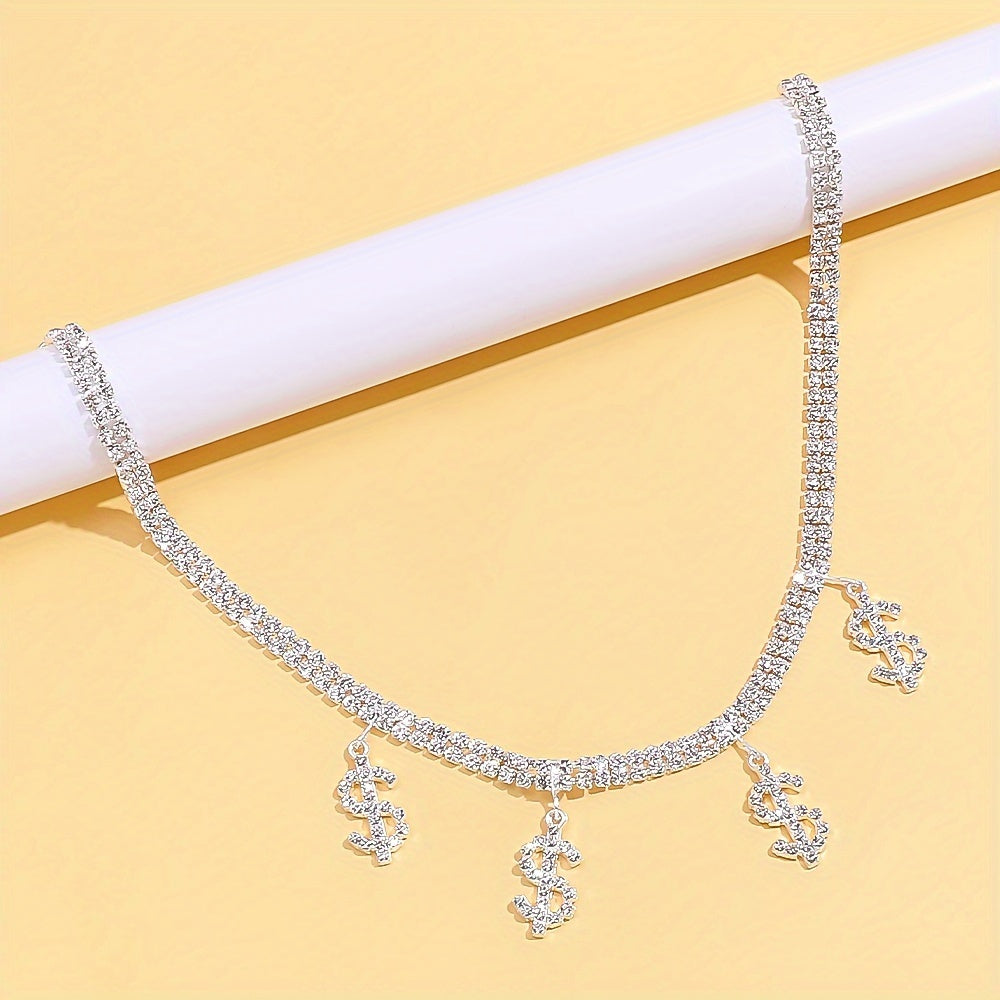 Glamorous Shiny US Dollar Symbol Necklace, Full Of Rhinestones Hip-hop Necklace Collarbone Chain